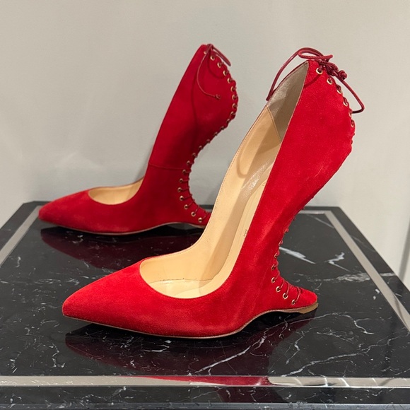 Christian Louboutin Shoes - Christian Louboutin RARE Conquilla 120 Red Suede Fetish Sculpted Wedges Heels 40